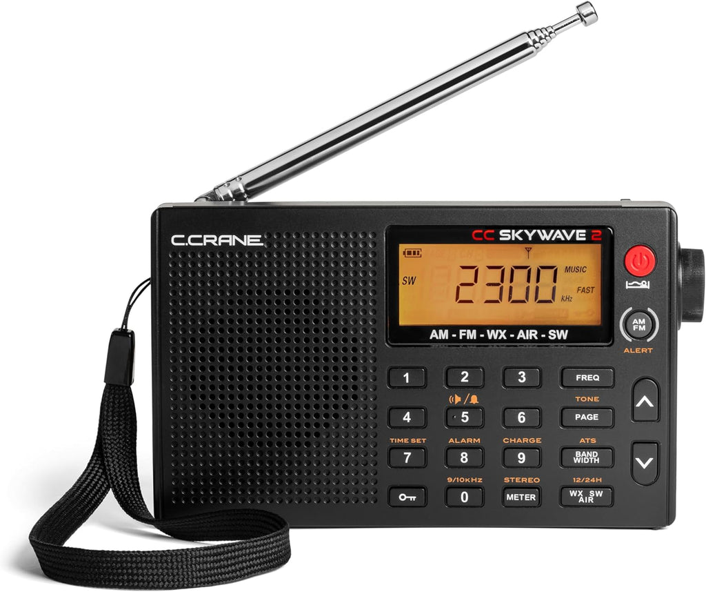 C. Crane CC Skywave 2 AM, FM, Shortwave, NOAA Weather + Alert, VHF Aviation Band, Small Battery-Operated Portable Travel Radio with Clock and Alarm
