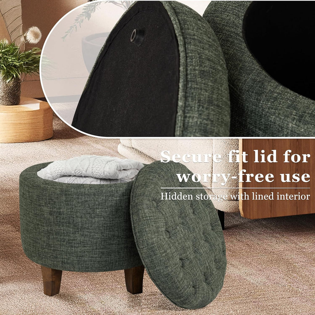 Homepop Home Decor | Upholstered Round Tufted Foot Rest Ottoman | Ottoman with Storage for Living Room & Bedroom | Decorative Home Furniture, Green Clover Fabric