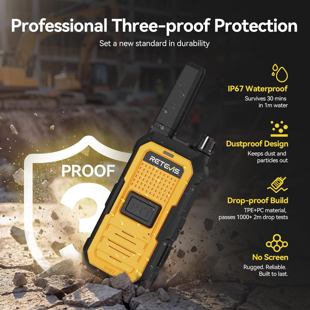 Retevis RB48A Industrial Walkie Talkies with Speaker Mic, IP67 Waterproof Noise Reduction 2 Way Radios Long Range, Oversized Front PTT, Antenna ID Rings, 1000 mW Speaker, 23-Hour Battery(4 Pack)