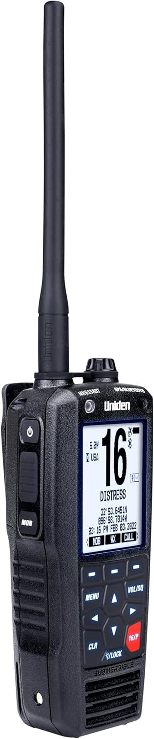 Uniden MHS338BT Floating, Handheld Marine VHF Radio, 6-Watts, GPS and Bluetooth, Submersible IPX8, Emergency Strobe & Flashlight, NOAA Weather Alerts, FM Radio, Chargeing Cradle & Li-ion Battery.