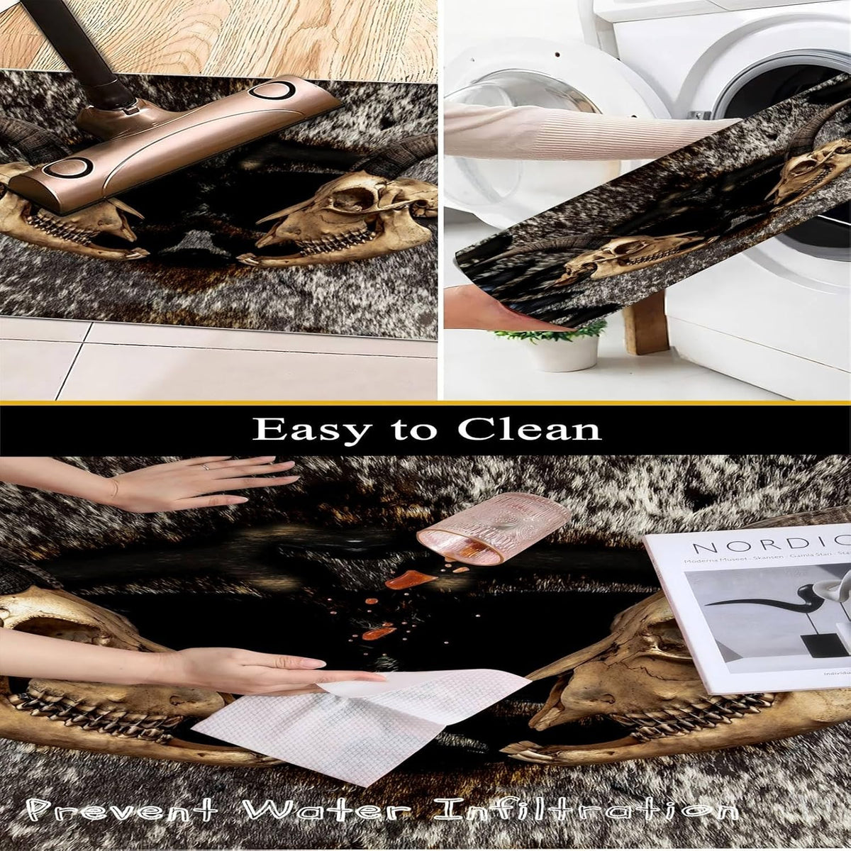 4x12ft Cow Hide Long Runner Rugs,Black White Brown Cow Print Washable Rug Low Pile No Shedding Hallway Runners Western Decor Indoor Mats for Entryway Laundry Room