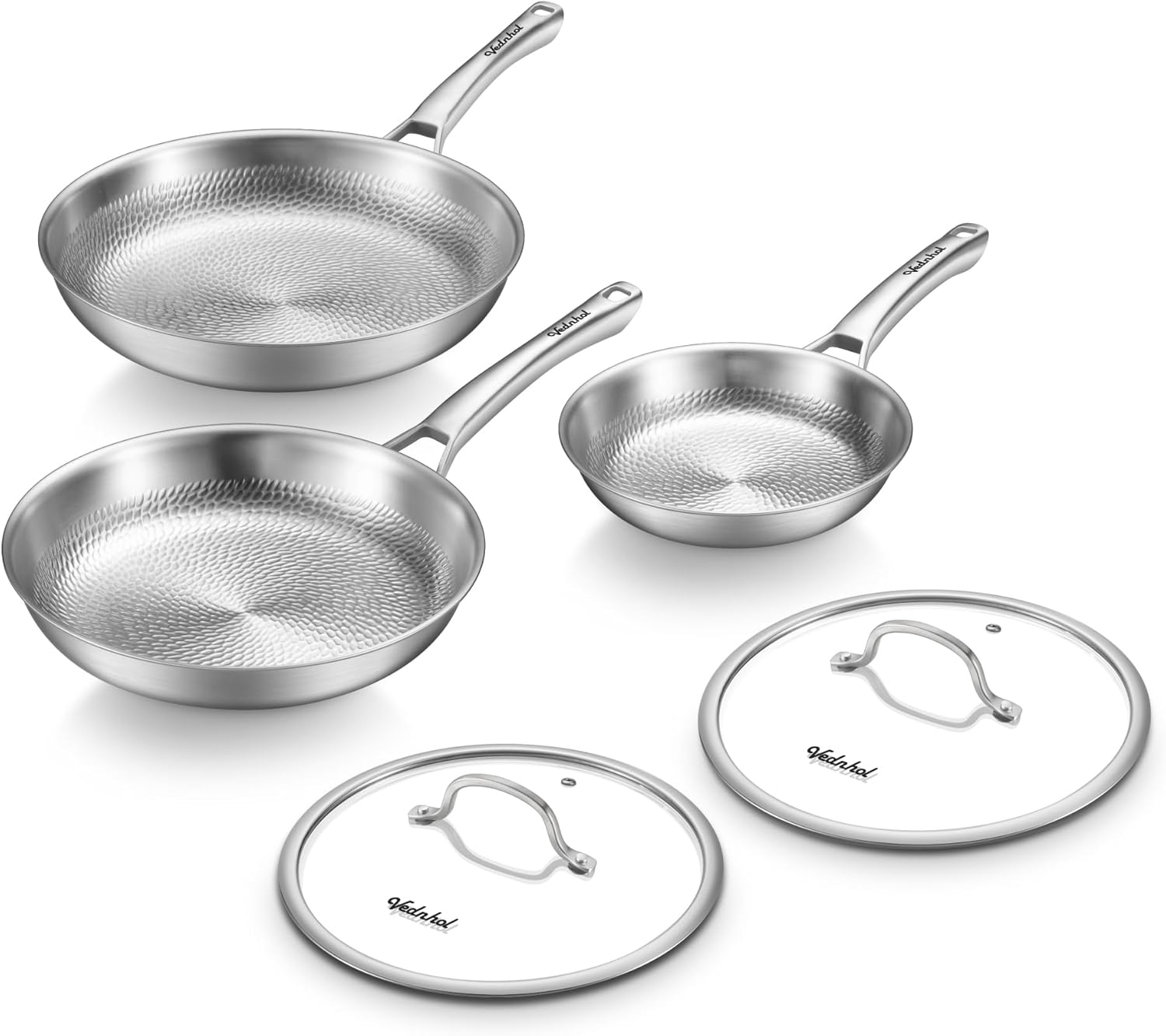 Titanium Au Gratin Pans Set 8/10/12 Inch, Pure Titanium Hammered Frying Pans with 2 Lids, Non-Toxic Skillet Cookware, PFAS/PFOA/PTFE Free, Dishwasher & Oven Safe, Induction Compatible