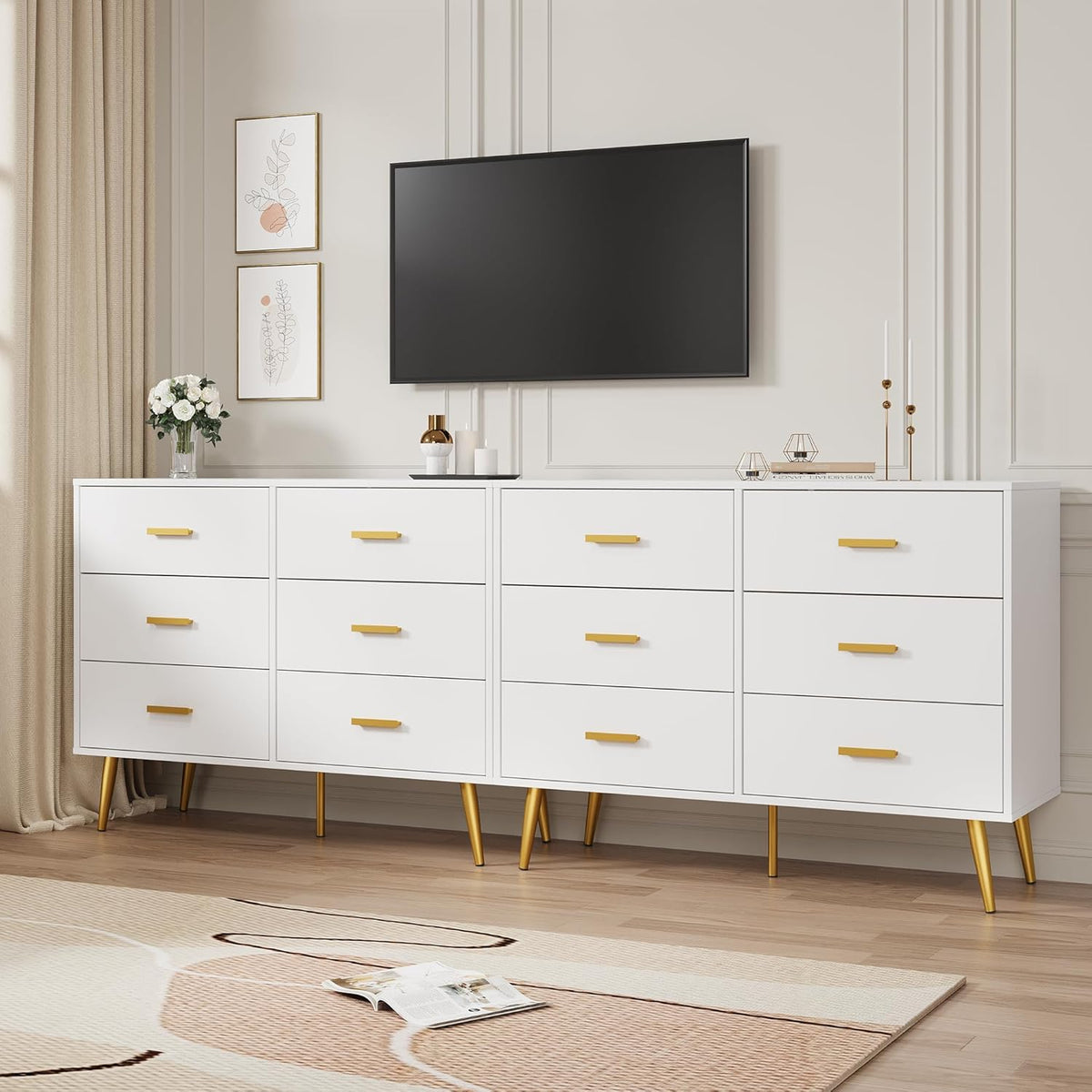 IDEALHOUSE 6 Drawer Dresser, Modern Wooden Chest of Drawers with Gold Handles, Deep Drawers for Bedroom, Living Room and Entryway, White
