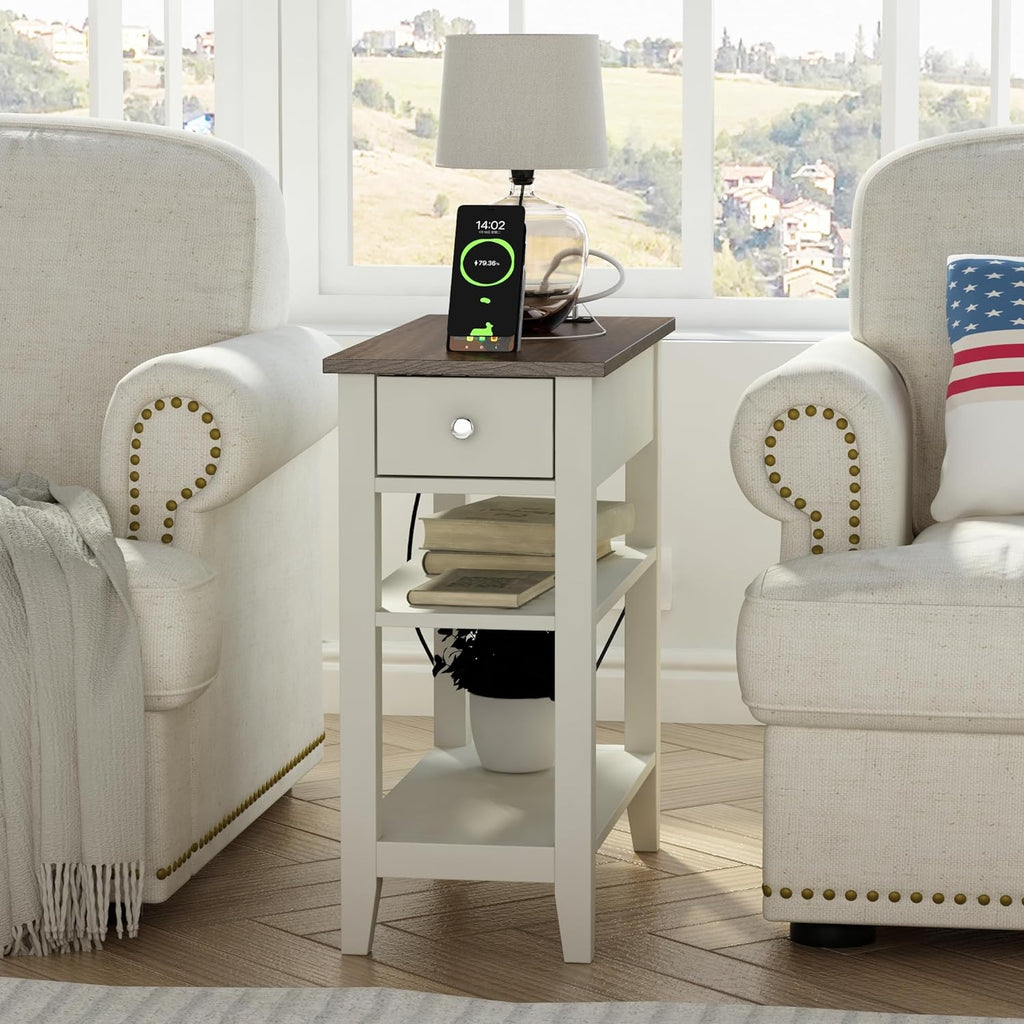 ChooChoo Farmhouse end Table Living Room Set of 2, Sofa Side Table Living Room with Charging Station,Narrow Night Stand with USB Ports & Power Outlets and Hidden Drawer