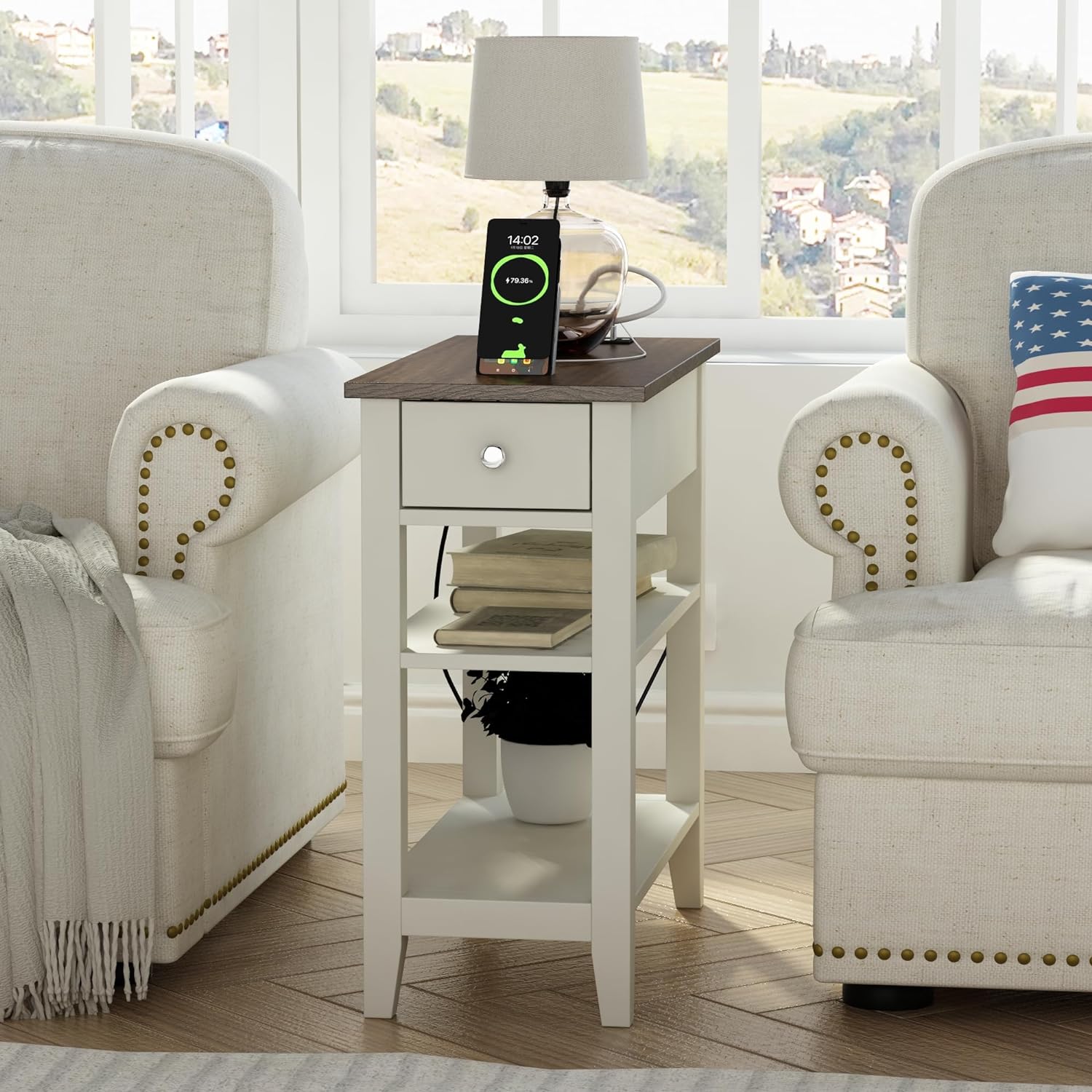ChooChoo Farmhouse end Table Living Room Set of 2, Sofa Side Table Living Room with Charging Station,Narrow Night Stand with USB Ports & Power Outlets and Hidden Drawer
