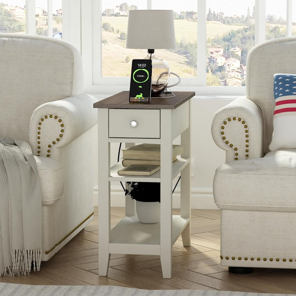ChooChoo Farmhouse end Table Living Room Set of 2, Sofa Side Table Living Room with Charging Station,Narrow Night Stand with USB Ports & Power Outlets and Hidden Drawer
