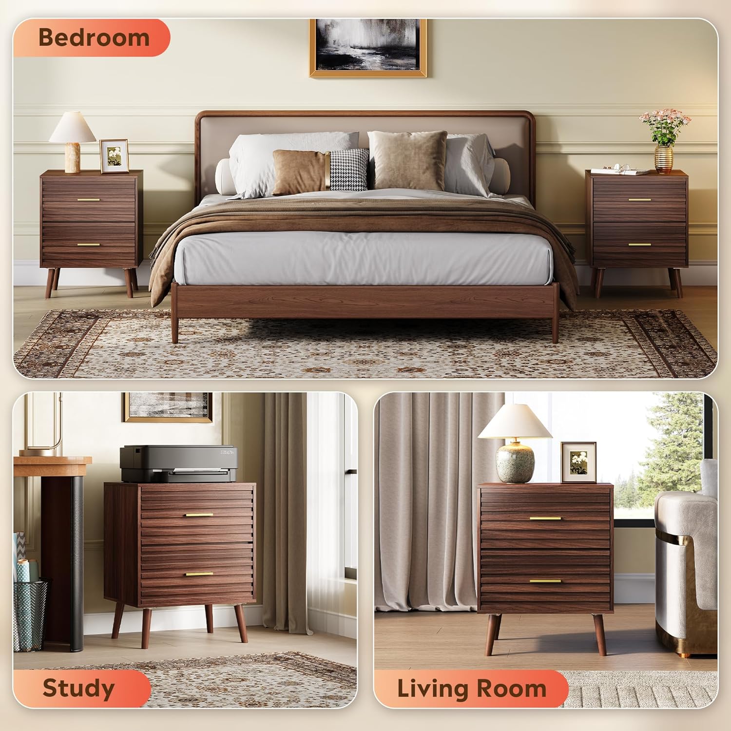 WLIVE Nightstands Set of 2, Mid Century Modern Bedside Tables with Fluted Drawers, Walnut Wood End Table with Storage for Bedroom, Accent Furniture