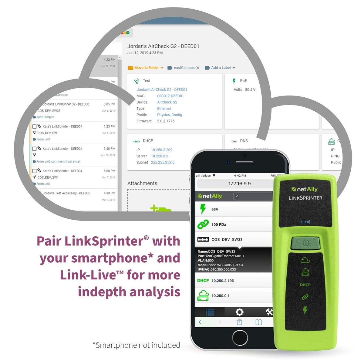 NetAlly LinkSprinter 300 - Pocket Copper Ethernet Network Tester for 10-Second Connectivity Checks (PoE, Link, DHCP, Gateway, Internet) with Link-Live Reporting