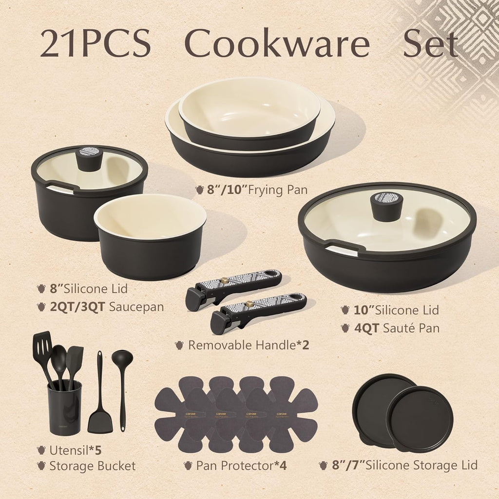 CAROTE 21-Piece Ceramic Cookware Set, Nonstick Pots and Pans Set with Detachable Handle, Non-Toxic Kitchen Cooking Set, Induction Compatible, Dishwasher & Oven Safe, Charcoal