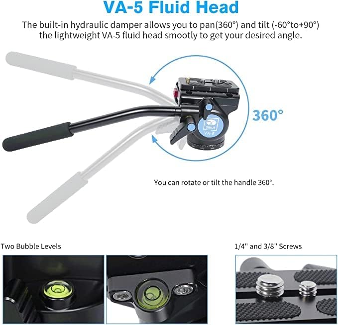 SIRUI P-424FS Carbon Fiber Camera Monopod Kit, 66.3" Heavy Duty Professional Video Monopod with VA-5 Fluid Video Head, Tripod Base, Flip Locks for DSLR Camera
