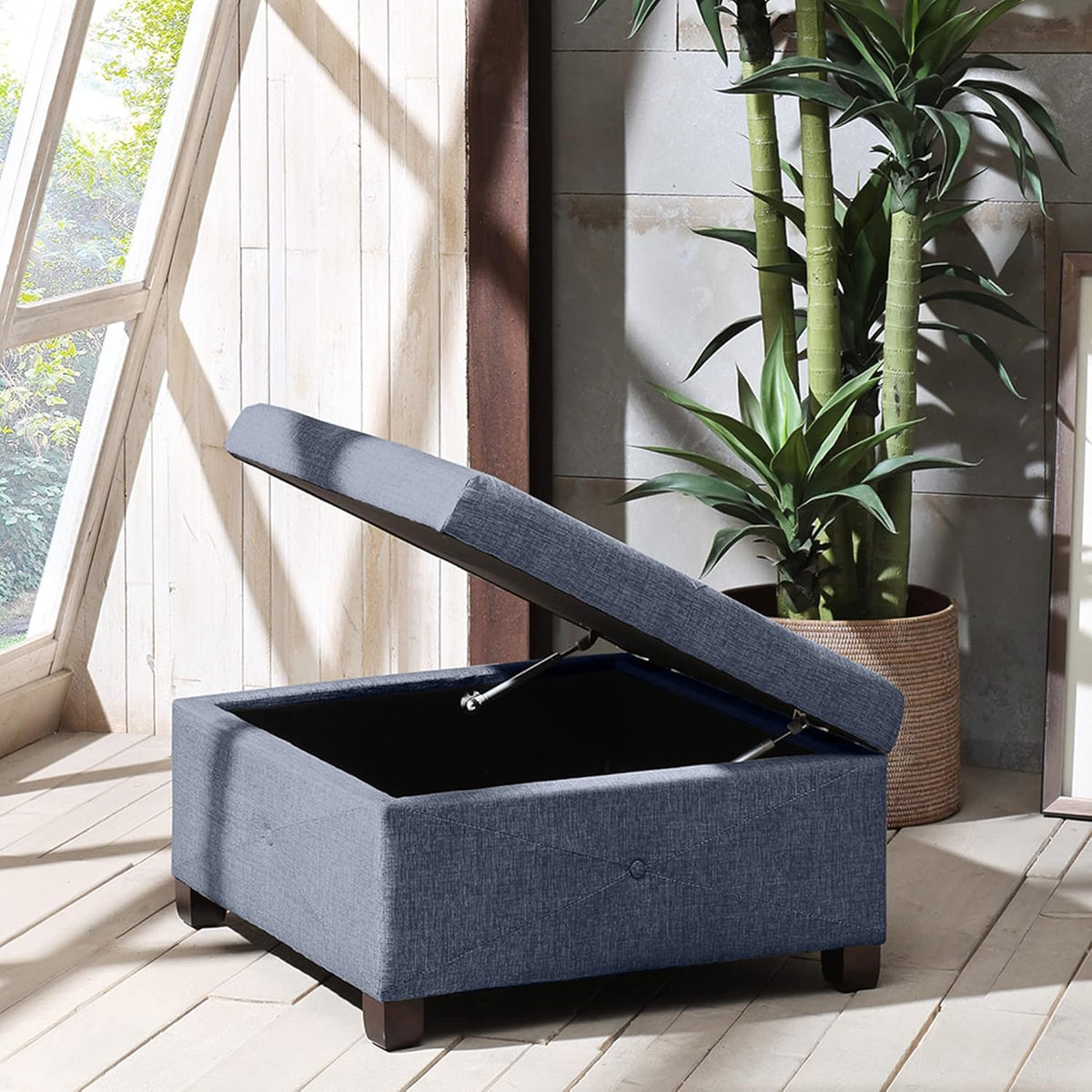 Madison Park Aspen Square Storage Ottoman Bench, Upholstered Textured Fabric Button Tufted Chest with Solid Wood Legs, Accent Furniture for Bedroom Décor, Blue
