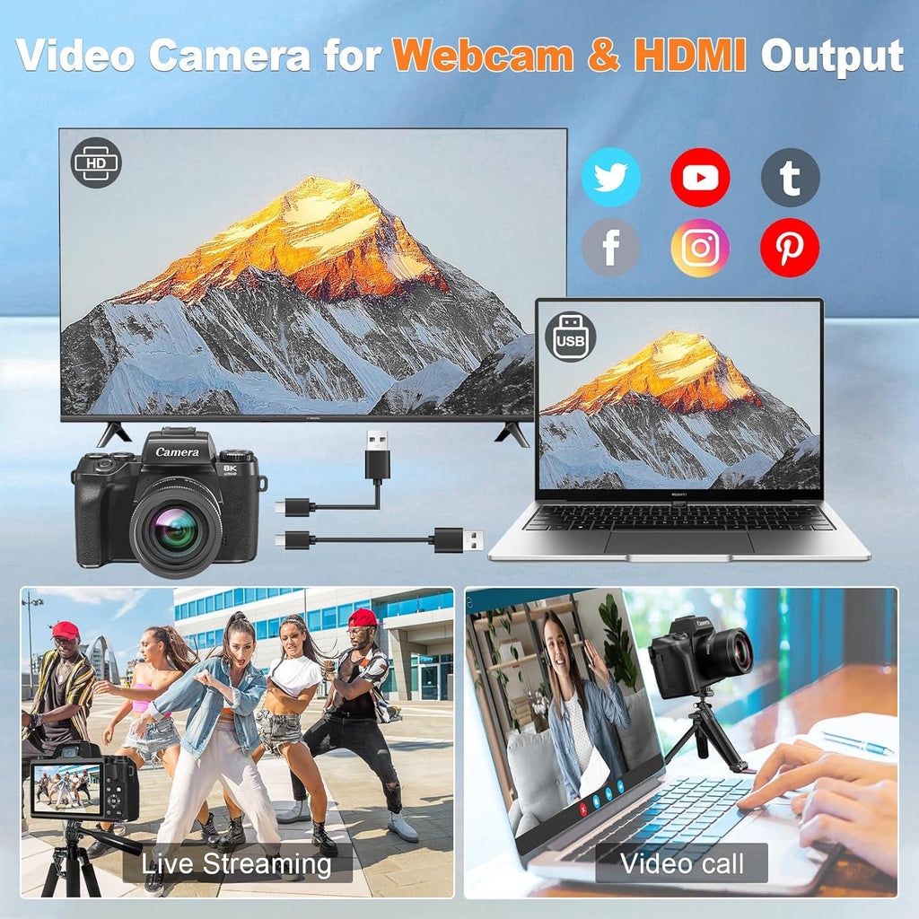 8K Digital Camera for Photography,64MP WiFi Dual-Lens Vlogging Camera for YouTube with 16X Digital Zoom,Flash,Touch Screen,32GB TF Card,Lens Hood,HDMI Output & 3000mAH Battery(Black)
