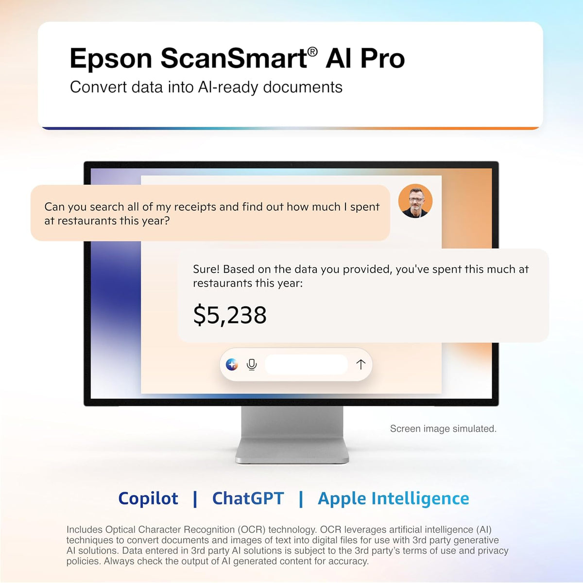 Epson RapidReceipt RR-400W Wireless Compact Desktop Color 2-Sided Document & Tax Receipt Scanner with ScanSmart AI PRO Data Management Software & 20-Page Auto Doc Feeder