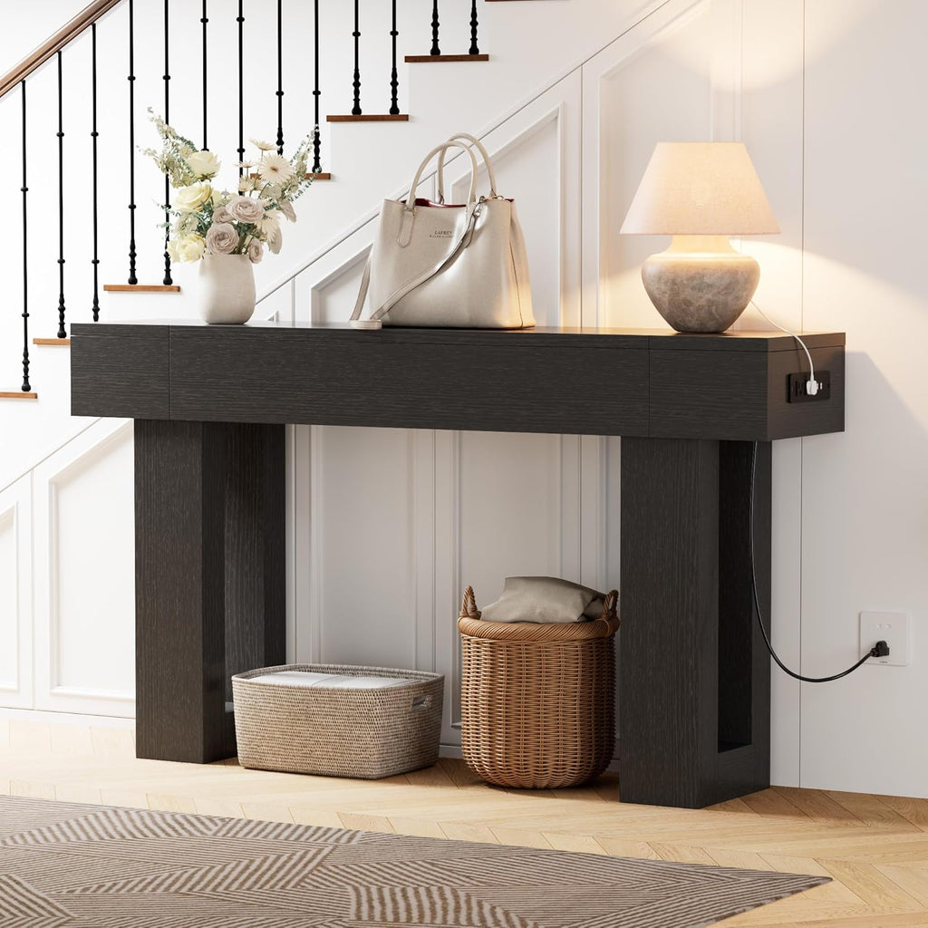 63 Inch Long Console Table w/Outlets & USB Ports, Narrow Rectangular Sofa Table Behind The Couch, Farmhouse Entryway Table for Entrance, Hallway, Living Room(Black with Outlet)