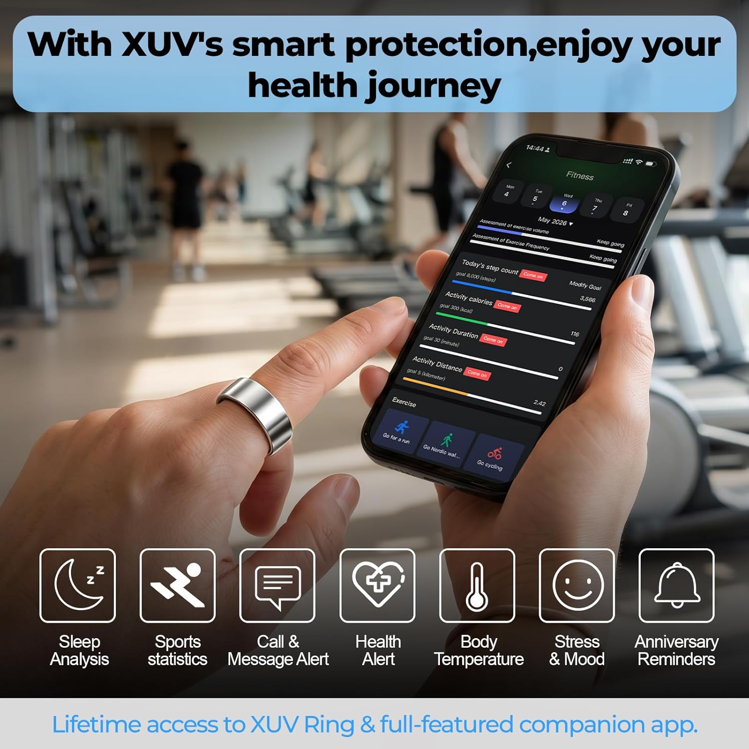 XUV Smart Health Ring for Women Men, Waterproof Smart Ring with Heart Rate/Emergency Alert, Daily Reminders, Sleep, Sport Report– No Subscription Fee, Compatible with iOS & Android(Silver, 11)