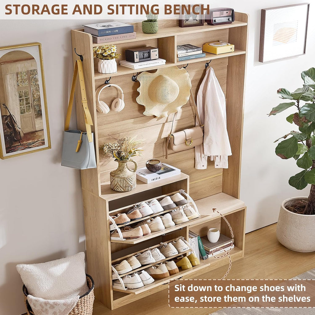 LEYAOYAO 78" Tall Boho Hall Tree with Bench & Shoe Storage, 4-in-1 Mudroom Rattan Coat Rack with 2 Flip Drawers & Cushioned Stool, Entryway Hall Tree Cabinet with 6 Hooks for Garage, Natural Oak