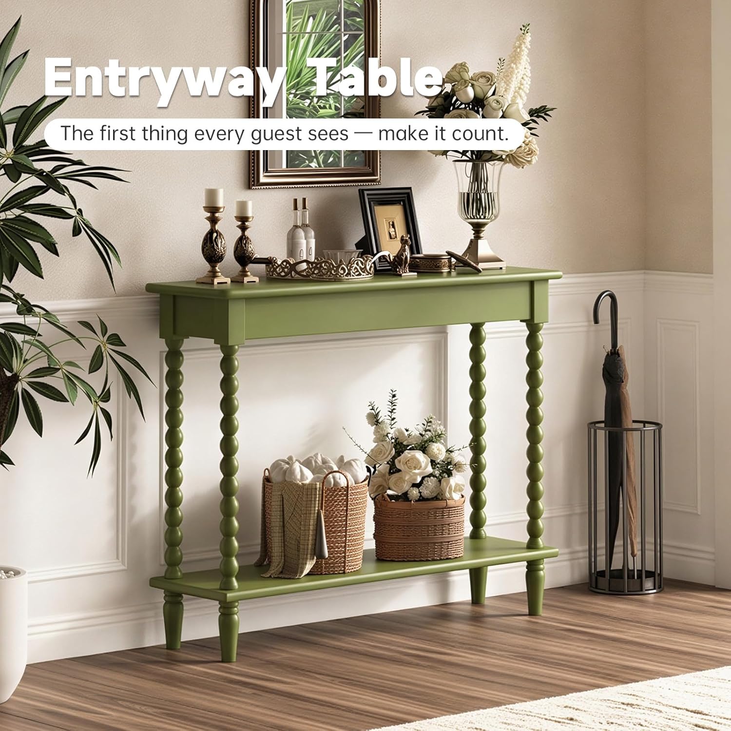 45'' Vintage Console Table, 100% Solid Wood Tall Entryway Table with 2-Tier Storage for Entrance, Hallway, Foyer, Living Room, Narrow Couch Table Behind Sofa, Minimal Assembly, Green