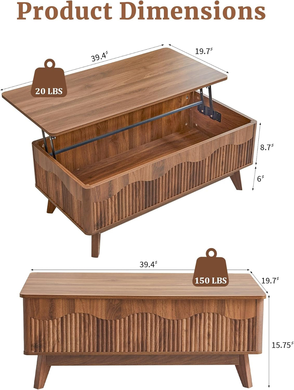 BERRYMERRY Fluted Wave TV Stand and Coffee Table Set of 2, Mid Century Modern Lift Top Coffee Table and Entertainment Center for Living Room (Walnut)