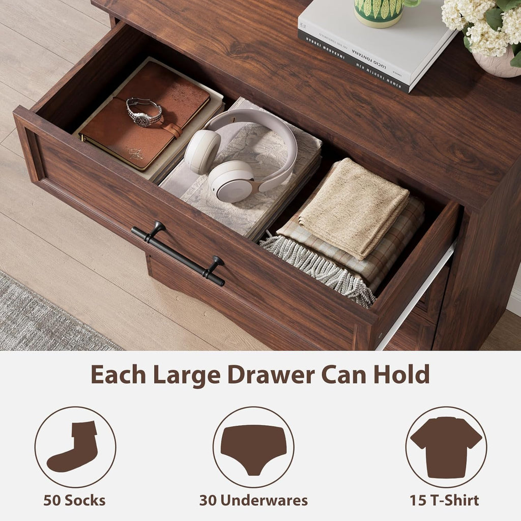 Walnut Dresser for Bedroom, Farmhouse 36" Tall 4 Drawer Chest with Sleek Brushed Metal Handles, Modern Wood Storage Cabinet with Unique Base Design, Closet Organizer for Bedroom, Living Room, Hallway