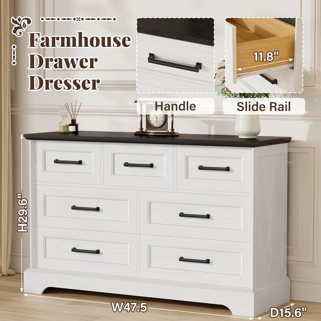 Furmax Farmhouse Dresser for Bedroom, 7 Drawers Dresser, Wood Chest of Drawers, 47.5" Wide Storage Dressers Organizer for Bedroom, Living Room, White and Black