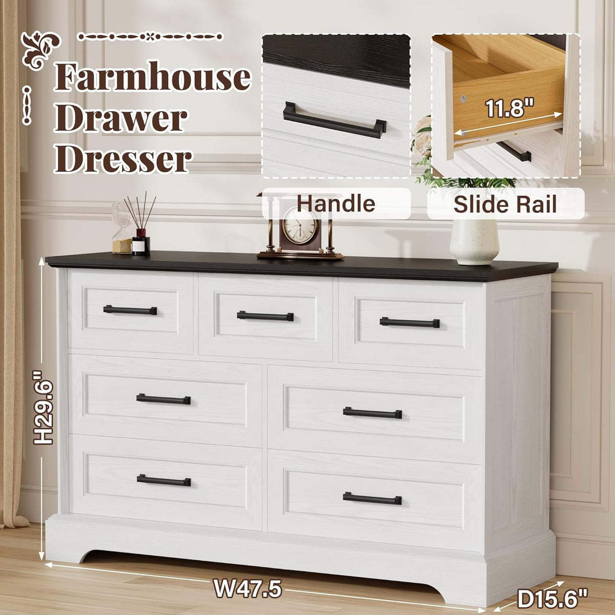 Furmax Farmhouse Dresser for Bedroom, 7 Drawers Dresser, Wood Chest of Drawers, 47.5" Wide Storage Dressers Organizer for Bedroom, Living Room, White and Black