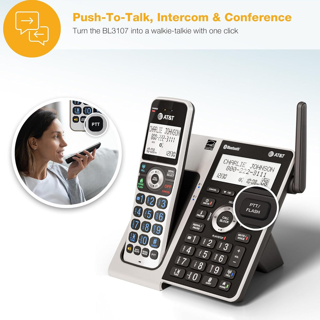 AT&T BL3107-5 DECT 6.0 5-Handset Cordless Phone with Bluetooth Connect to Cell, Smart Call Blocker, Digital Answering System, Extended Range, Big Buttons - Titanium Black