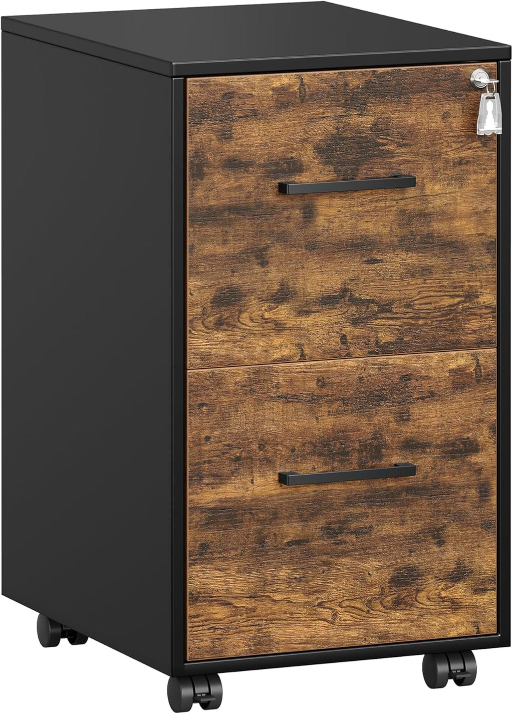 SONGMICS File Cabinet, Pre-Assembled Except Wheels and Handles, Office Filing Cabinet with Lock, for A4, Legal, Letter Sized Documents, 17.7 x 14.4 x 25.4 Inches, Rustic Brown and Black UOFC112B02