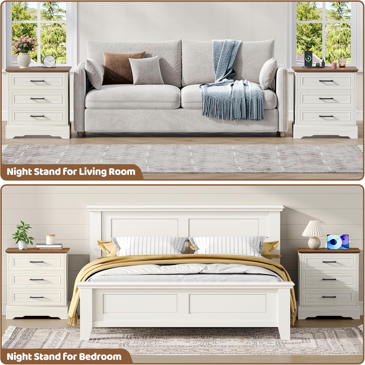 Akxomel Farmhouse Nightstand with Charging Station, 22" Wide Bedside Table with 3 Large Drawers & Bar Handles, Side End Table with Stable Support Base, for Bedroom, Off White