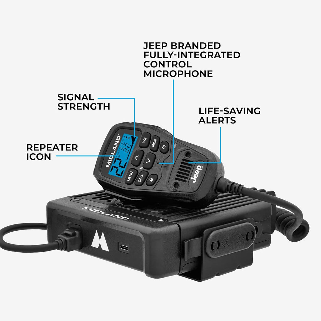 Midland MXT575J Jeep MicroMobile GMRS Two Way Radio with NOAA Weather Scan and Alert - for Farms, Ranches, Overlanding - Repeater Capable, Integrated Control Mic,- External Magnetic Mount
