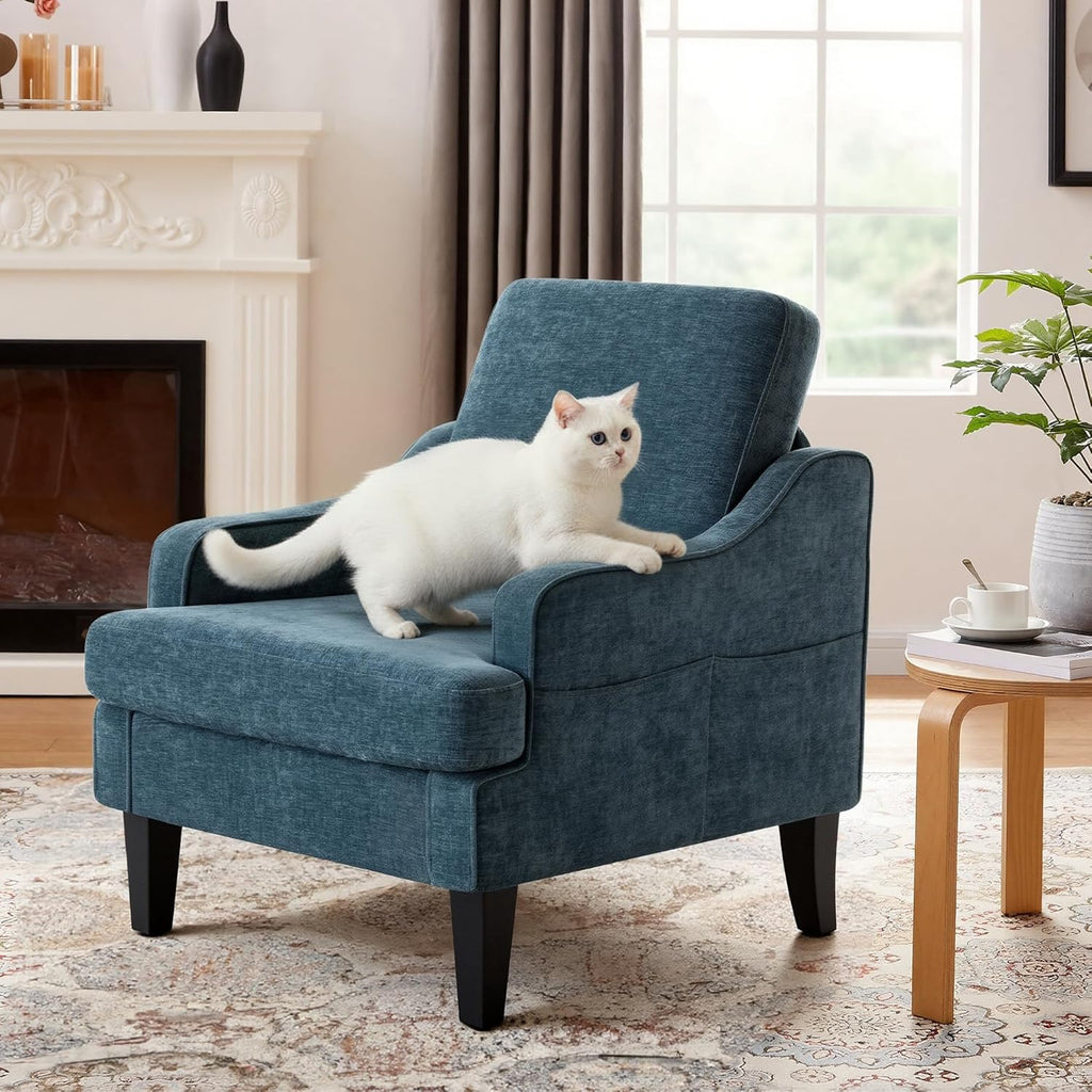 Set of 2 Accent Chair for Living Room,Mid-Century Arm Chair Chenille Fabric Living Room Chairs,Upholstered Reading Chair for Bedroom,Single Sofa Chair with Wood Legs for Apartment (Blue)