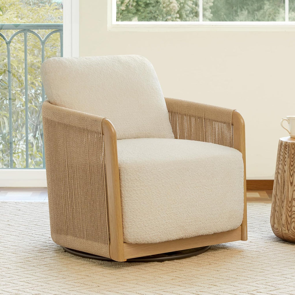 CHITA Braid Swivel Accent Chairs, Modern Comfy Armchair with Transfer-Printed Wood-Like Finish Metal Frame for Living Room and Bedroom, Boho Reading Chair, Cream