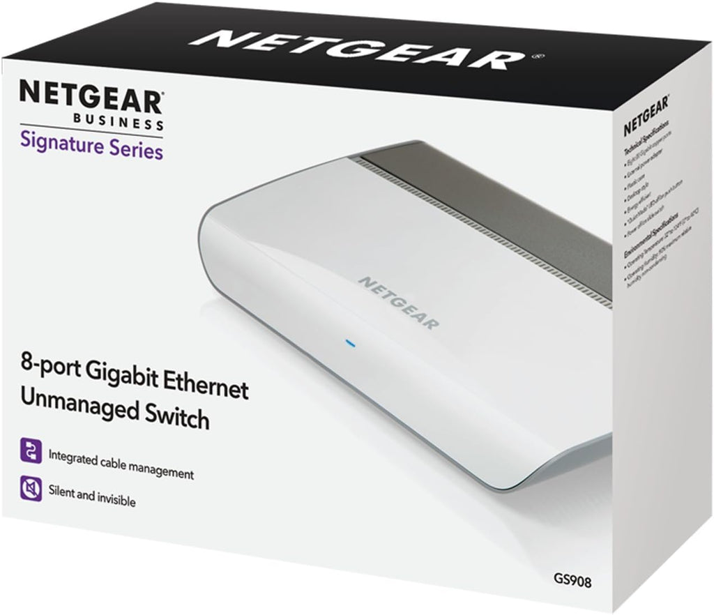 NETGEAR 8-Port Gigabit Ethernet Unmanaged Switch (GS908) - Desktop Housing with Integrated Cable Management, and Fanless Design for Quiet Operation