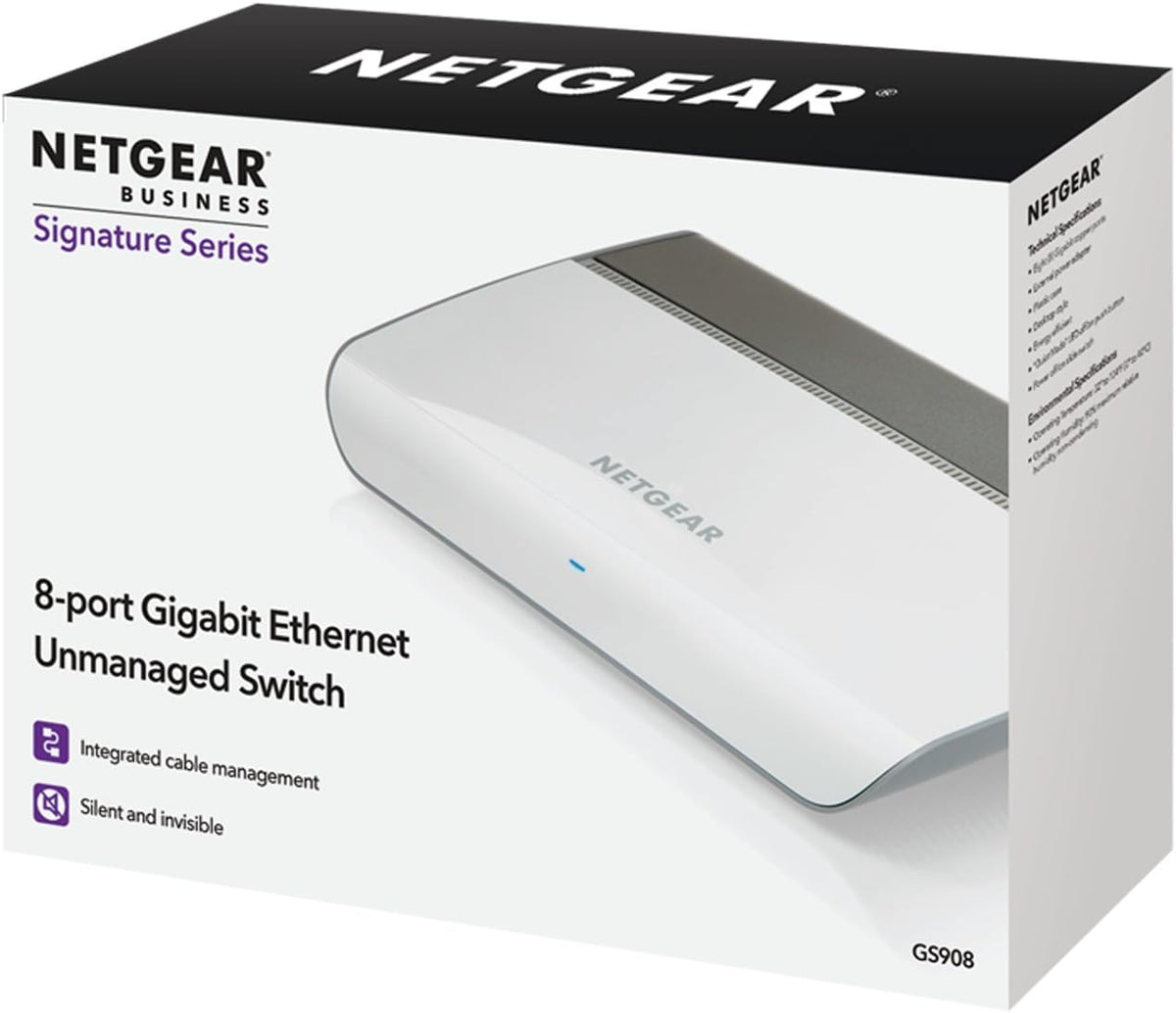 NETGEAR 8-Port Gigabit Ethernet Unmanaged Switch (GS908) - Desktop Housing with Integrated Cable Management, and Fanless Design for Quiet Operation
