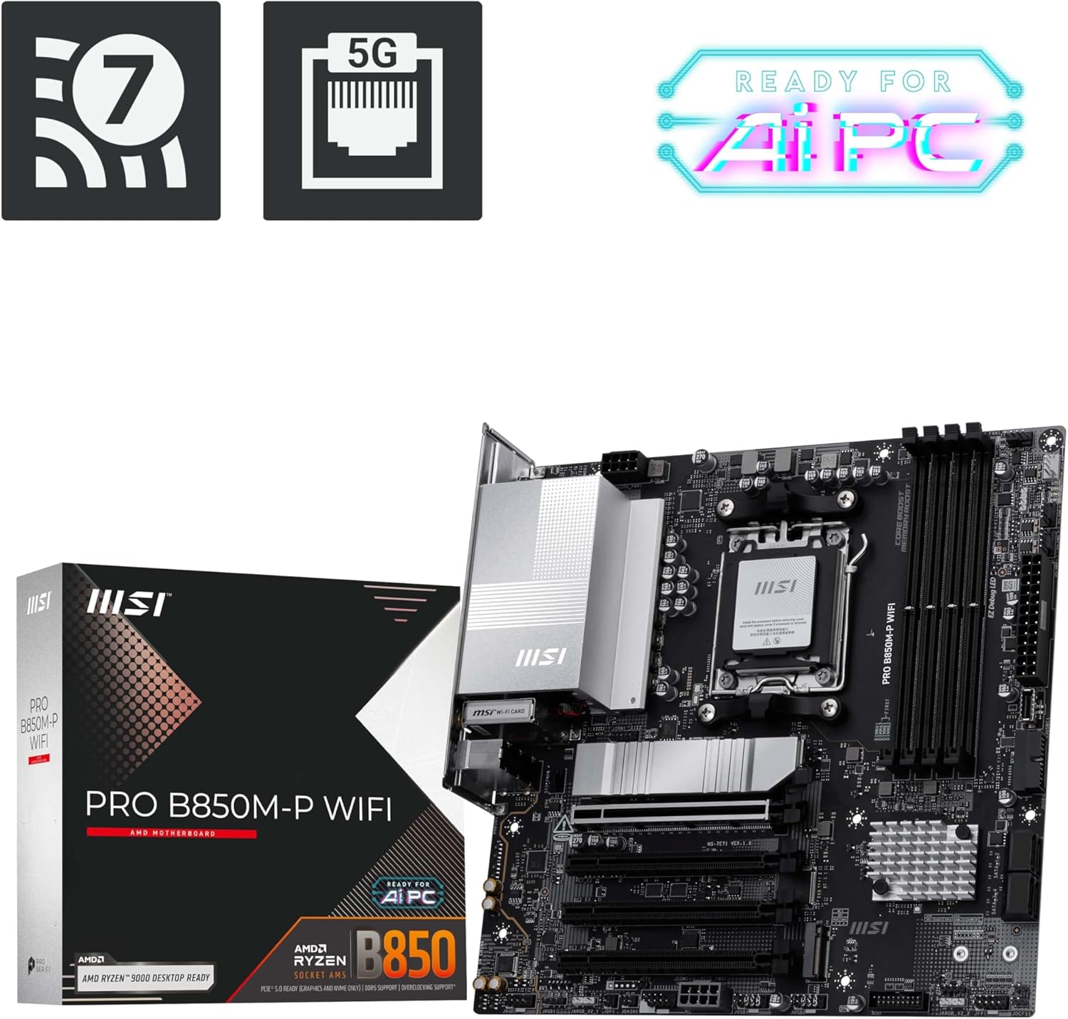 MSI PRO B850M-P WIFI Motherboard,ATX-Supports AMD Ryzen 9000-7000 Processors,AM5-DDR5 Memory Boost (8200+ MT/s OC),PCIe 5.0 x16&4.0x16,M.2 Gen5,Wi-Fi 7,5G LAN+HIGH-SPEED DDR5 RAM 16GB (1x 16GB) Bundle