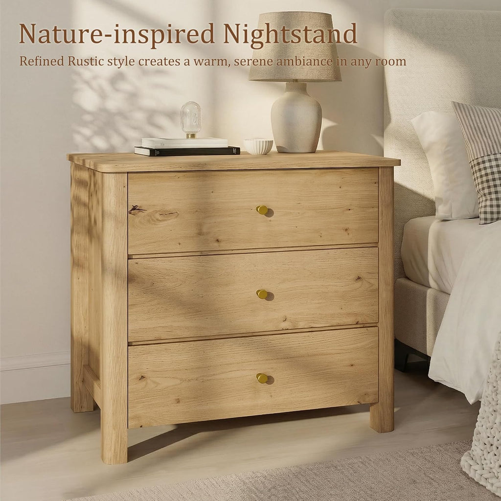 Large Oak Wood Nightstand with 3 Drawers, 27" Tall Modern Mid Century Bedside Table for King & Queen Beds, Sturdy Dresser Nightstand for Bedroom, Natural Grain