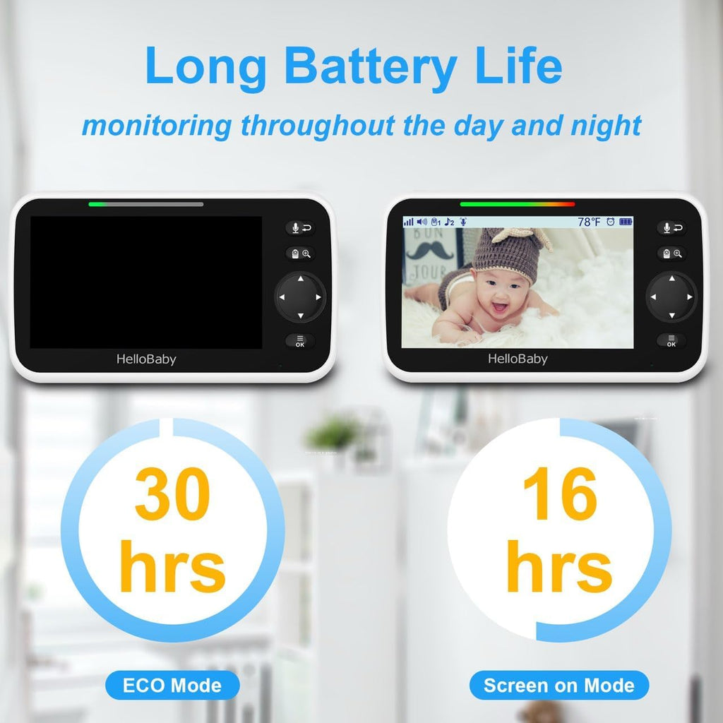 HelloBaby HB6550 5" Baby Monitor 3 Cameras, 26-Hour Battery, Pan-Tilt-Zoom,1000ft Range Video Audio Baby Monitor No WiFi, ECO, Night Vision, 2-Way Talk, 8 Lullabies and Temperature, Ideal Gifts