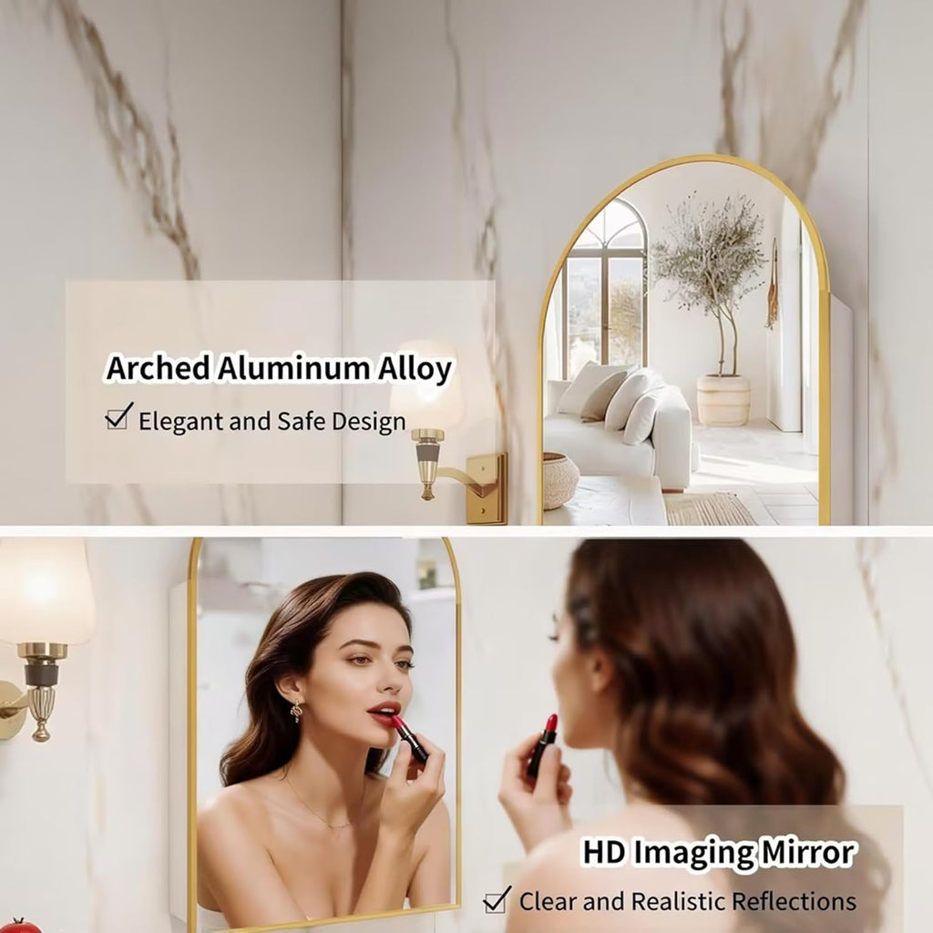 FKWin Gold Medicine Cabinet with Mirror, 20x32 Inch Surface Mount Bathroom Storage Cabinet, Wall Mounted Mirror Cabinet with Adjustable Glass Shelf, Left or Right Door Opening, Brushed Gold Finish