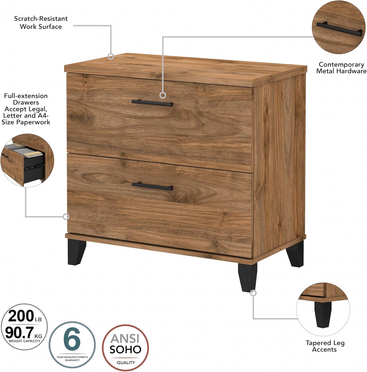 Bush Home 2 Drawer Lateral File Cabinet, Letter and Legal-Size Document Storage for Home or Professional Office, Somerset Collection, Fresh Walnut