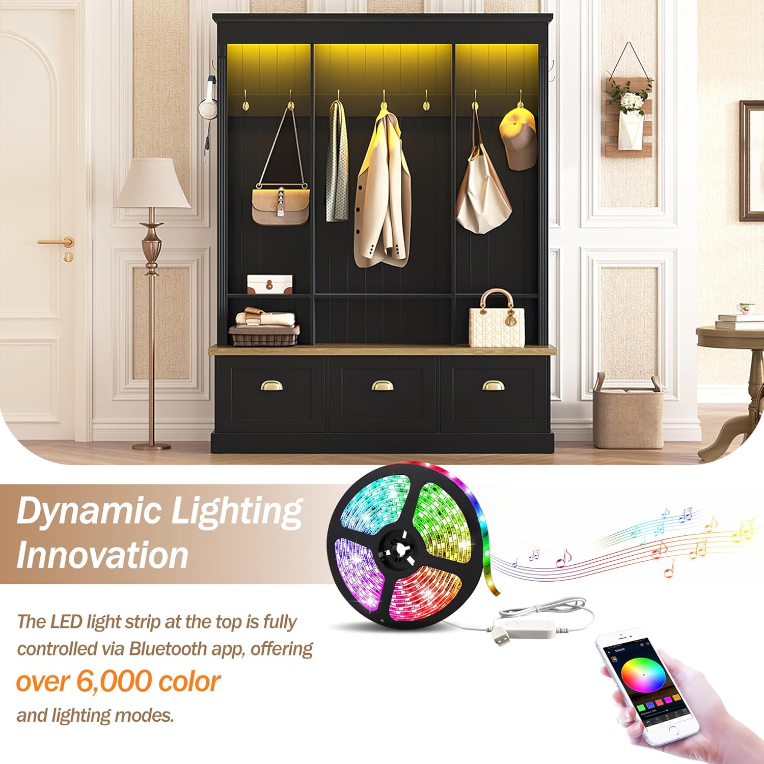 Elegant APP Controlled LED Light Hall Tree with 9 Golden Hooks, Roman Column Design Natural Storage Bench with 3 Large Cabinets, Farmhouse Entryway Organizer with Shelves for Mudroom, Hallway, Black