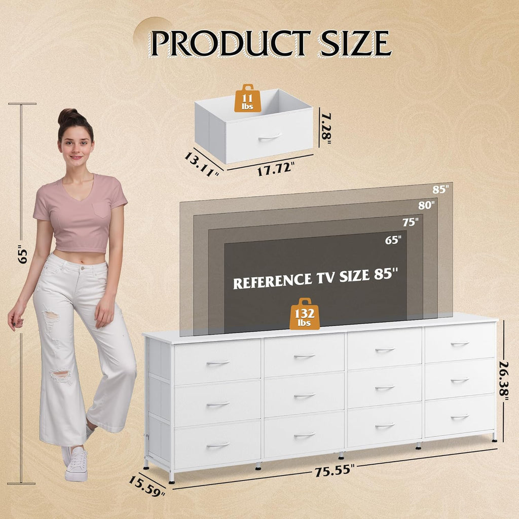 WLIVE 75.5'' White Dresser for Bedroom, TV Stand for 85, 80, 75, 65 Inch TV, 12 Drawer Long Fabric Dresser with Wood Top, Wide Entertainment Center Storage Chest for Living Room, Closet