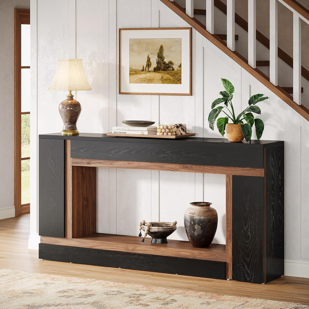 Tribesigns 63-Inch Long Console Table for Entryway, 2-Tier Narrow Wooden Rectangular Sofa Table Behind Couch for Hallway, Entrance, Foyer, Front Door, Living Room, Black & Walnut