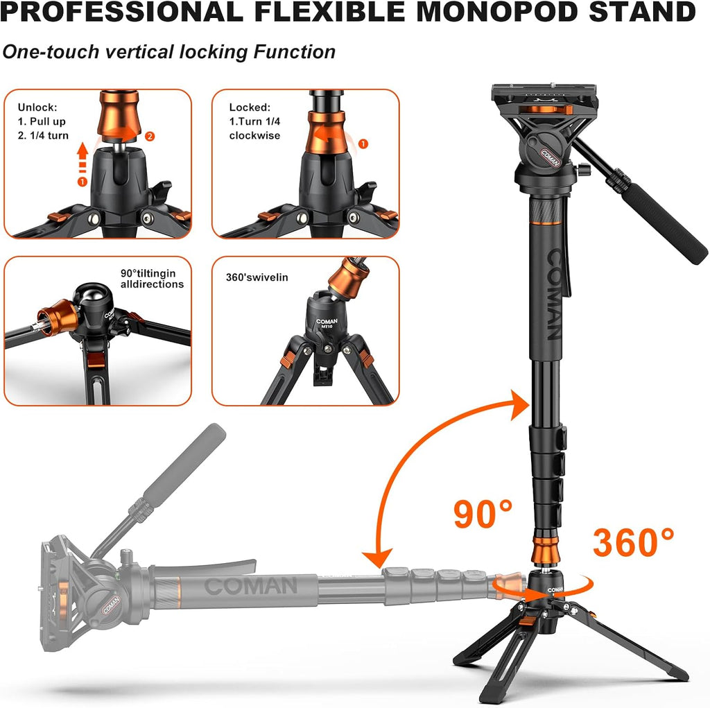 Professional Camera Monopod with Feet, 73.2 inch Aluminum Portable Travel Video Monopod with Removable Tripod Stand Base, Max Load 22 Lbs, New Q6 Fluid Head for DJI RS4 Manfrotto, KX3232Q6