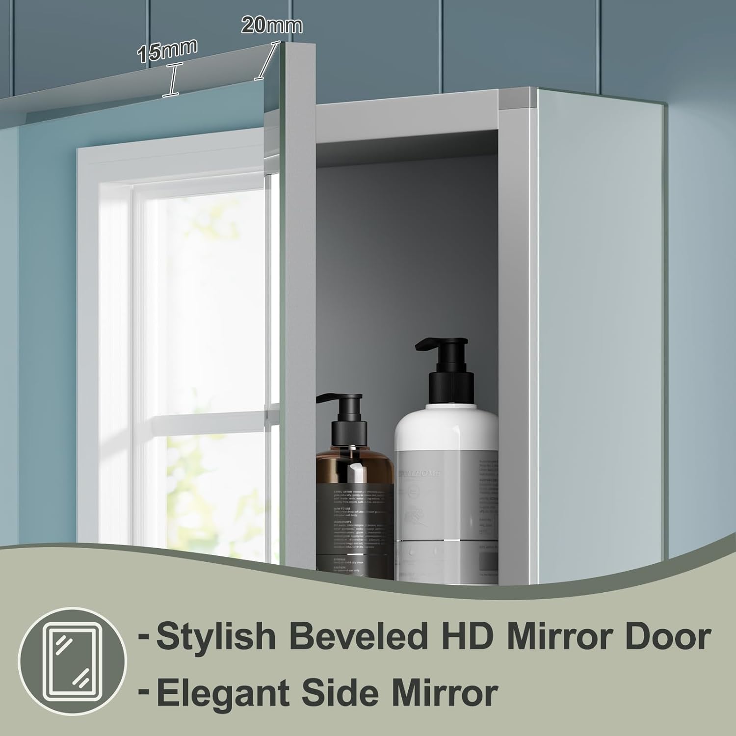 14x18 Inch Aluminum Medicine Cabinet with Beveled Mirror, Assembly Needed, Recessed or Wall Mount, 1 Adjustable Tempered Glass Shelf, Side Mirrors, Reversable Door, Rectangular Silver Edge