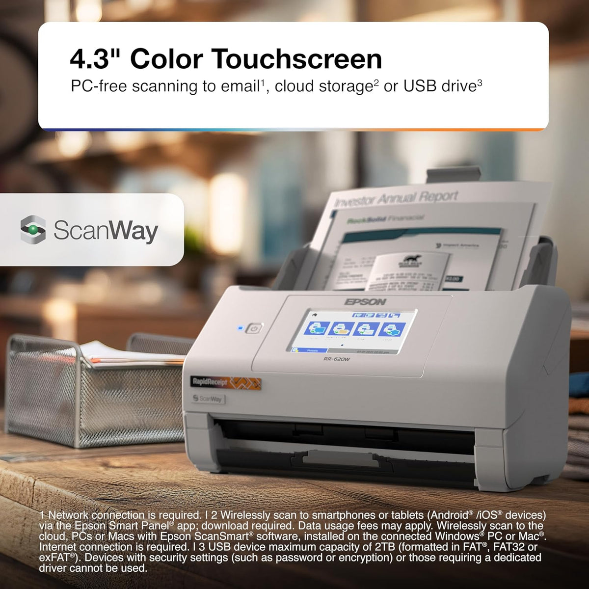 Epson RapidReceipt RR-620W Wireless & USB High-Speed AI & Cloud Ready Desktop Color Duplex Receipt & Document Scanner for Mac & PC, up to 45 ppm, 4.3" Color Touchscreen, 100-Page Auto Document Feeder