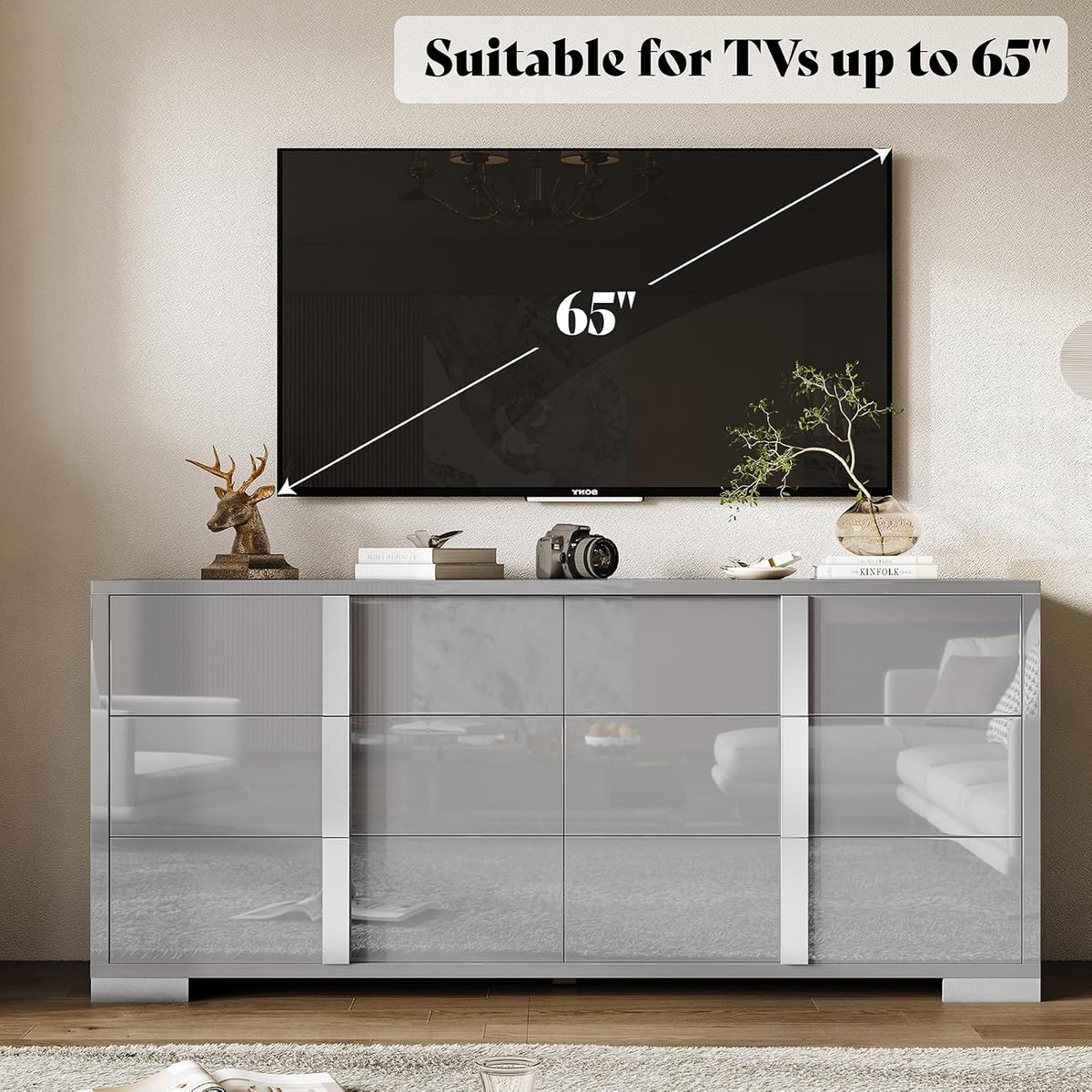 AMERLIFE 54" W High Gloss 6 Drawers Dressers with Silver Grooved Handles, Modern Storage Chest of Drawers with Wide Tabletop, for Bedroom/Dressing Room/Living Room, Grey