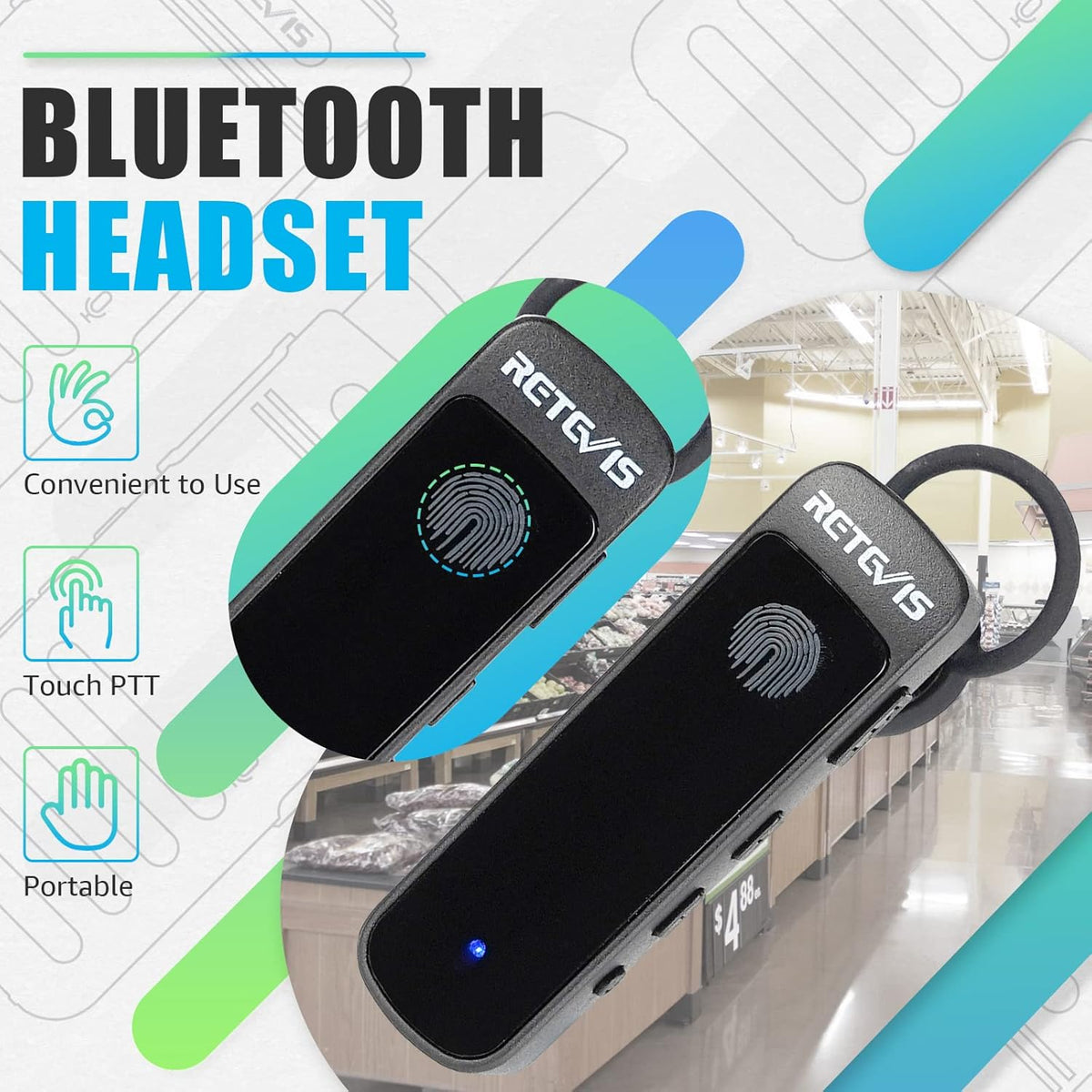 Retevis RB39P Bluetooth Walkie Talkies, Wireless Earpiece Auto Reconnect, Portable FRS Two Way Radios, License-Free, Hands Free, Type-C, Compact, 2 Way Radio for Church Hospital Retail School (4 Pack)