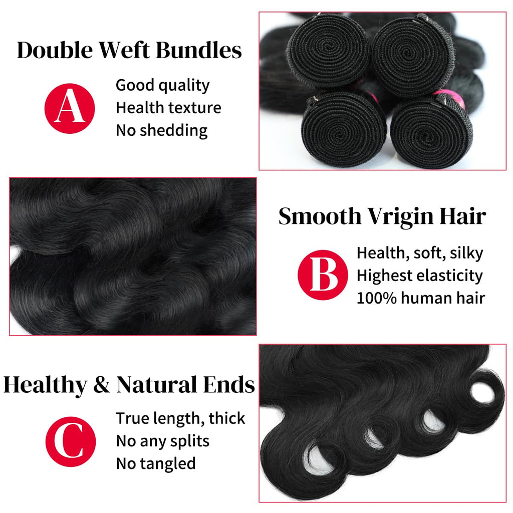26 28 30 32 Inch Bundles Human Hair 12A Body Wave Bundles Human Hair 100% Unprocessed Brazilian Virgin Hair 4 Bundles Human Hair Body Wave Human Hair Extensions Natural Black