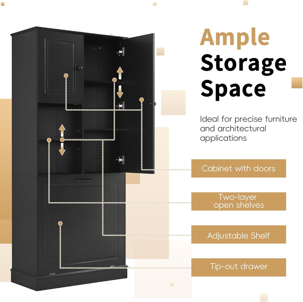 Virubi Tall Laundry Cabinet with Tilt Out Hamper, Doors, and Adjustable Shelves,Wood Laundry Room Cabinets,for Bathroom Storage Organization, Freestanding (Black)