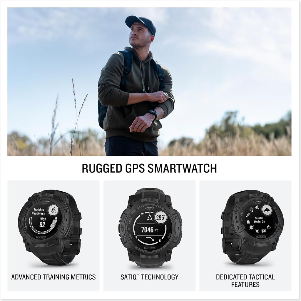 Garmin Instinct 3 Tactical Edition, Solar Charged 50mm Display, Outdoor Rugged GPS Smartwatch Bundle with USB Wall Charger + Microfiber Cleaning Cloth