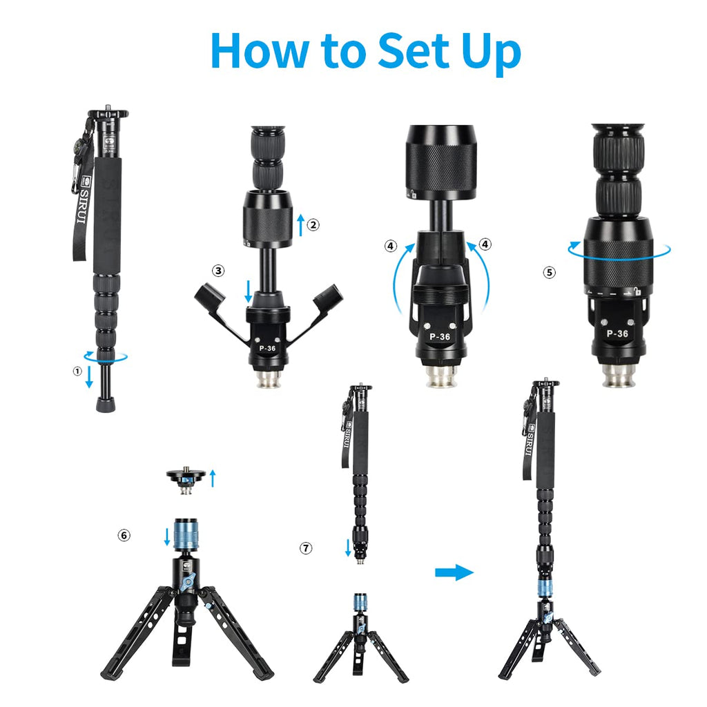 SIRUI P-36 Kit, Aluminum Tripod Base and Adapter, SIRUI Monopod Support with Quick Release, Foldable Feet, Vertical Notch (Tripod Base and Adapter only)